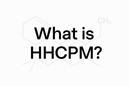 Clean white graphic with bold black text reading “What is HHCPM?” over a faint chemical structure — styled for a cannabinoid blog post title.