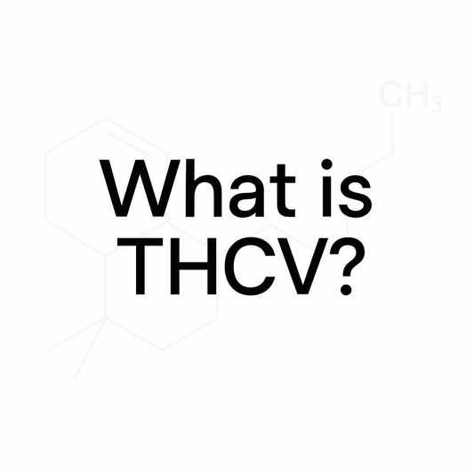 Minimalist graphic with bold black text reading “What is THCV?” over a faint molecular structure background — styled as a clean blog title image.