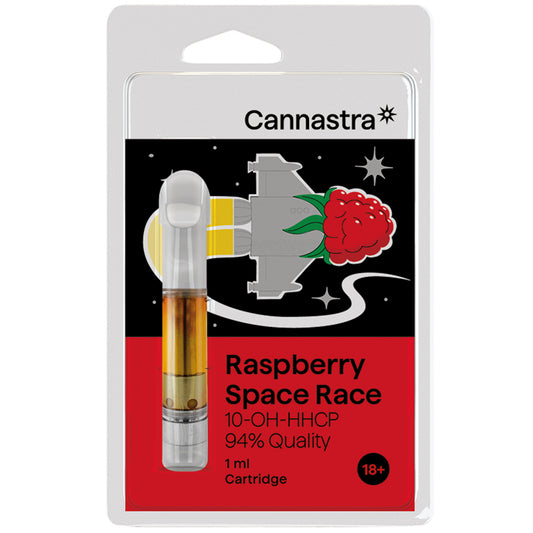 Cannastra 10‑OH‑HHCP vape cartridge – Raspberry Space Race flavour. 1ml ceramic cart with 10% 10‑OH‑HHCP and fruity berry terpene profile.
