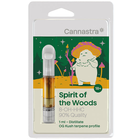 Cannastra 8‑OH‑HHC vape cartridge – Spirit of the Woods OG Kush blend. 1ml ceramic cart with 90% distillate and earthy terpene profile.