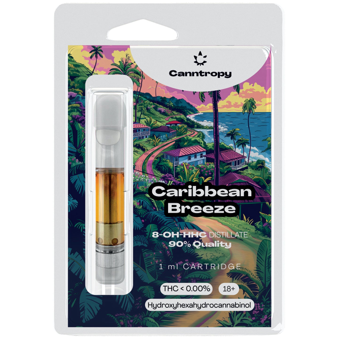 Canntropy 8‑OH‑HHC vape cartridges – 1ml carts in Caribbean Breeze and Watermelon Zlushie flavour. 20% 8‑OH‑HHC, clean and flavour-rich.