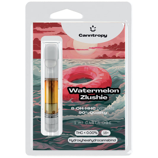 Canntropy 8‑OH‑HHC vape cartridge – 1ml Watermelon Zlushie flavour with 20% 8‑OH‑HHC. Sweet melon terpene blend, clean and smooth.