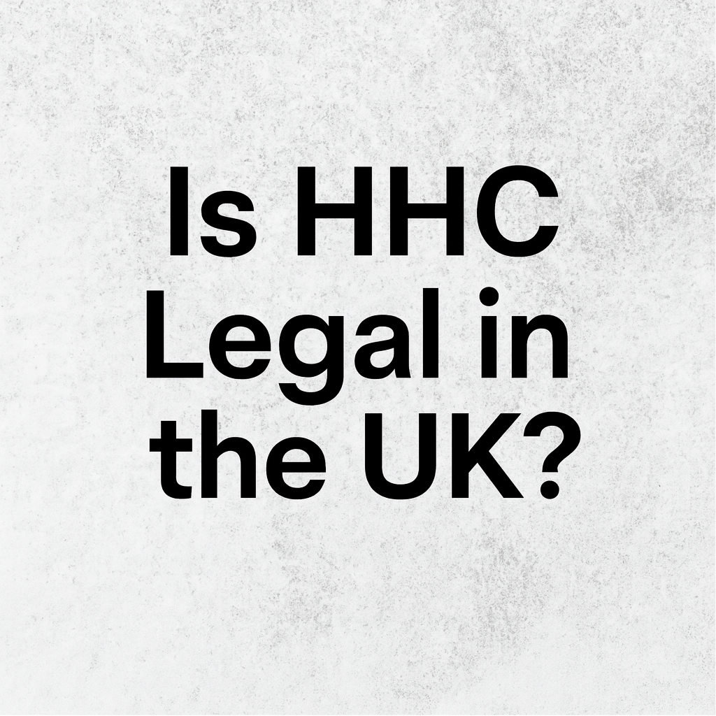 Black text on a textured white background reading “Is HHC Legal in the UK?” — styled for a clean, minimalist blog header.