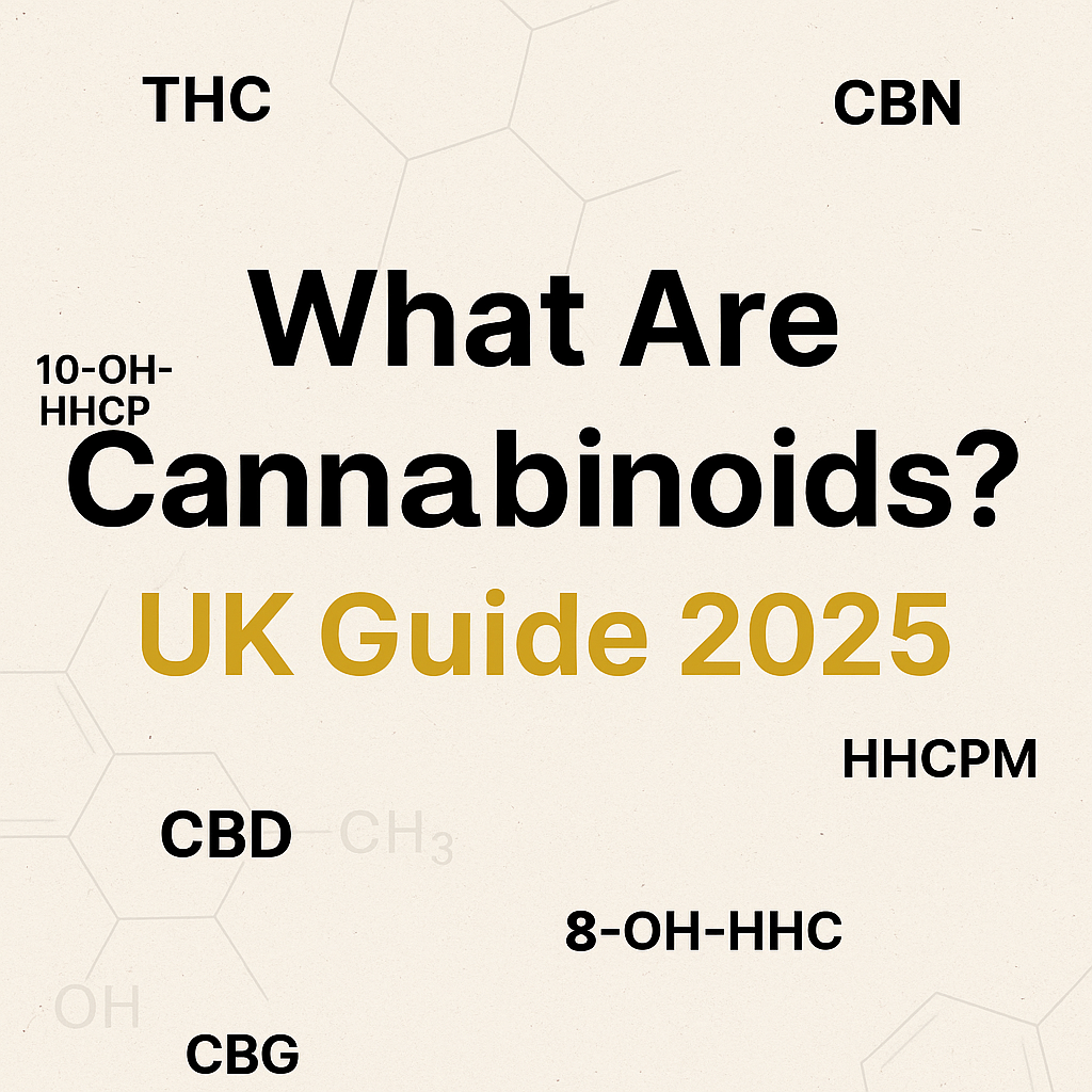 What Are Cannabinoids? UK Guide 2025 – THC, CBN, CBD, CBG, 10-OH-HHCP, HHCPM and 8-OH-HHC explained. Learn legal weed alternatives in the UK.