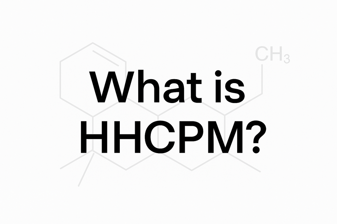 Clean white graphic with bold black text reading “What is HHCPM?” over a faint chemical structure — styled for a cannabinoid blog post title.