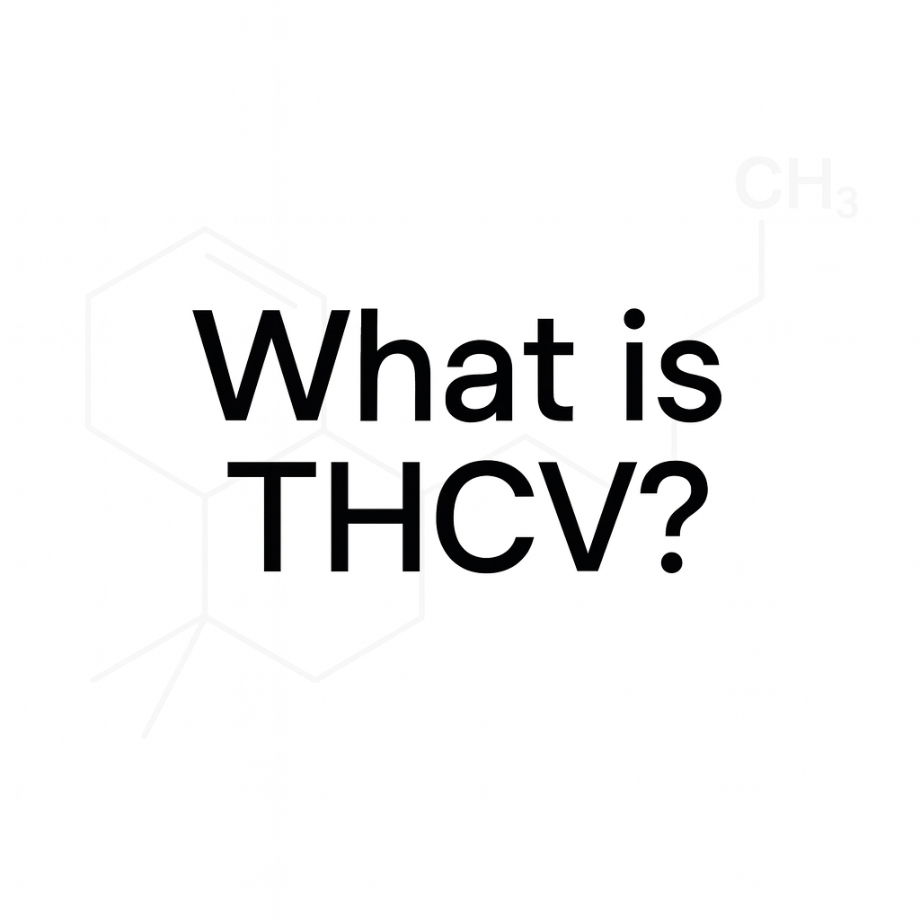 Minimalist graphic with bold black text reading “What is THCV?” over a faint molecular structure background — styled as a clean blog title image.