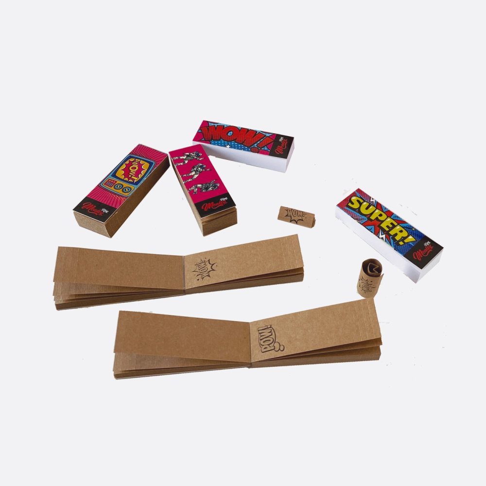 Monkey King Unbleached Filter Tips – 50 pack natural cardboard filters shown with assorted packaging designs | Vibe Supply