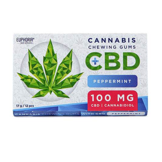 Euphoria CBD Chewing Gum – Peppermint – 100mg total – 12 x 8.3mg sugar-free chews – clean taste, light calm