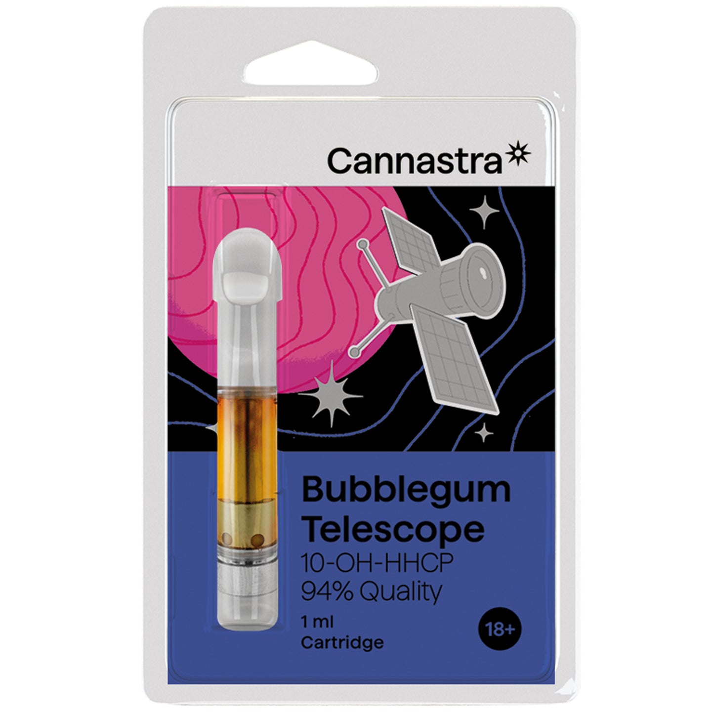 Cannastra 10‑OH‑HHCP vape cartridge – Bubblegum Telescope flavour. 1ml ceramic cart with 10% 10‑OH‑HHCP and nostalgic sweet terpenes.