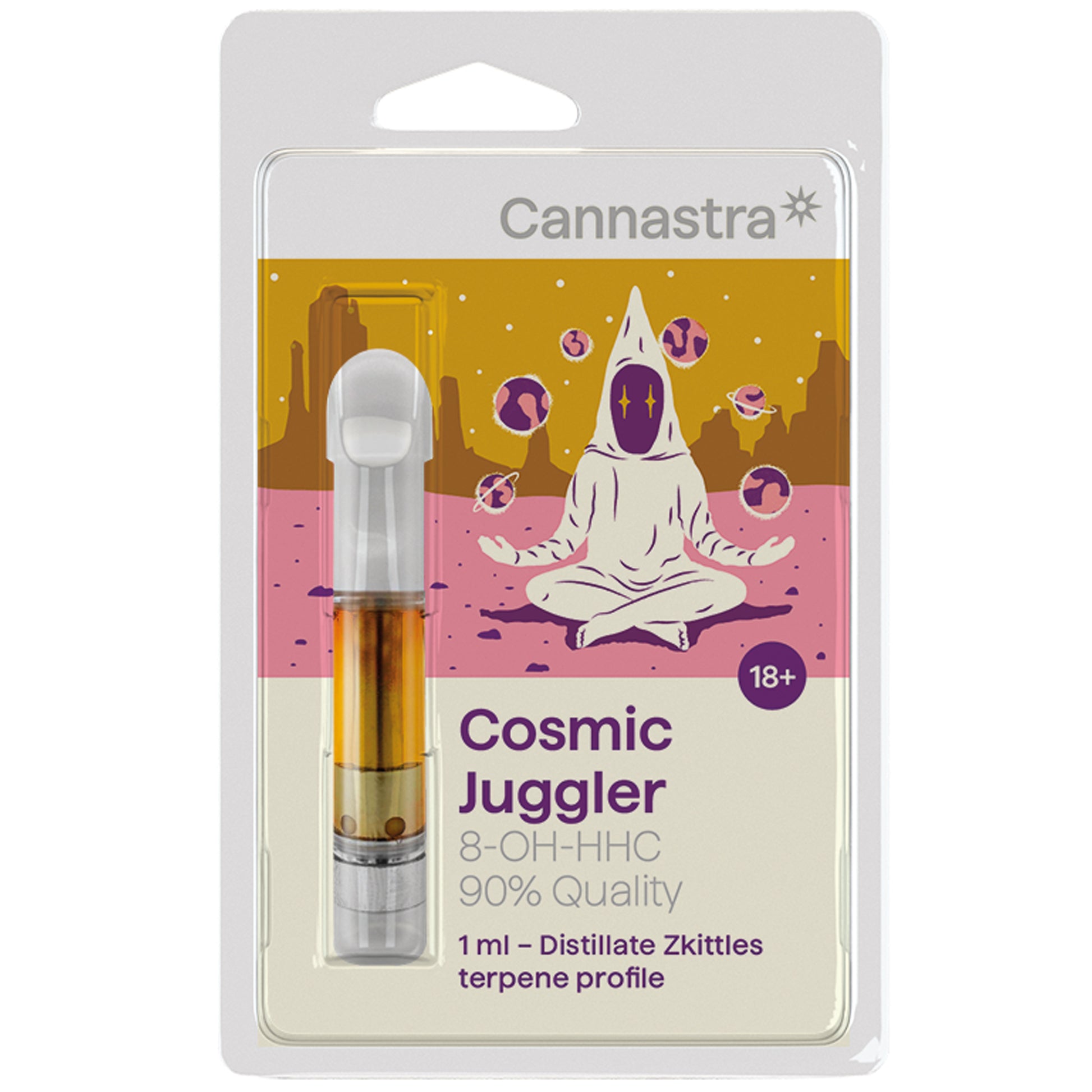 Cannastra 8‑OH‑HHC vape cartridge – 1ml ceramic cart with 90% purity distillate. Grounded effects, clean and compliant.