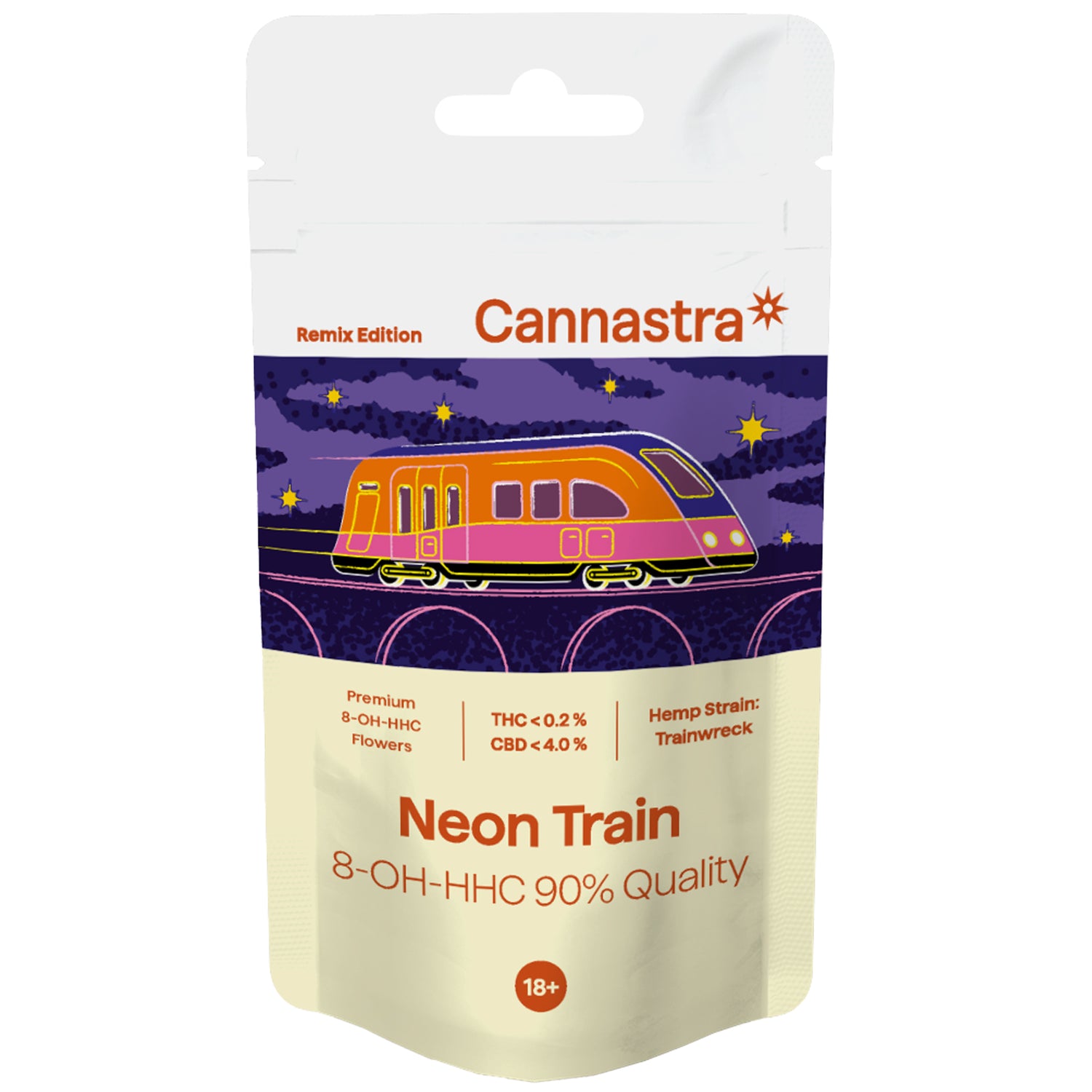 Cannastra 8‑OH‑HHC Neon Train flower – EU-grown hemp buds infused with 20% 8‑OH‑HHC and Trainwreck terpenes. Clear, smooth, legal.