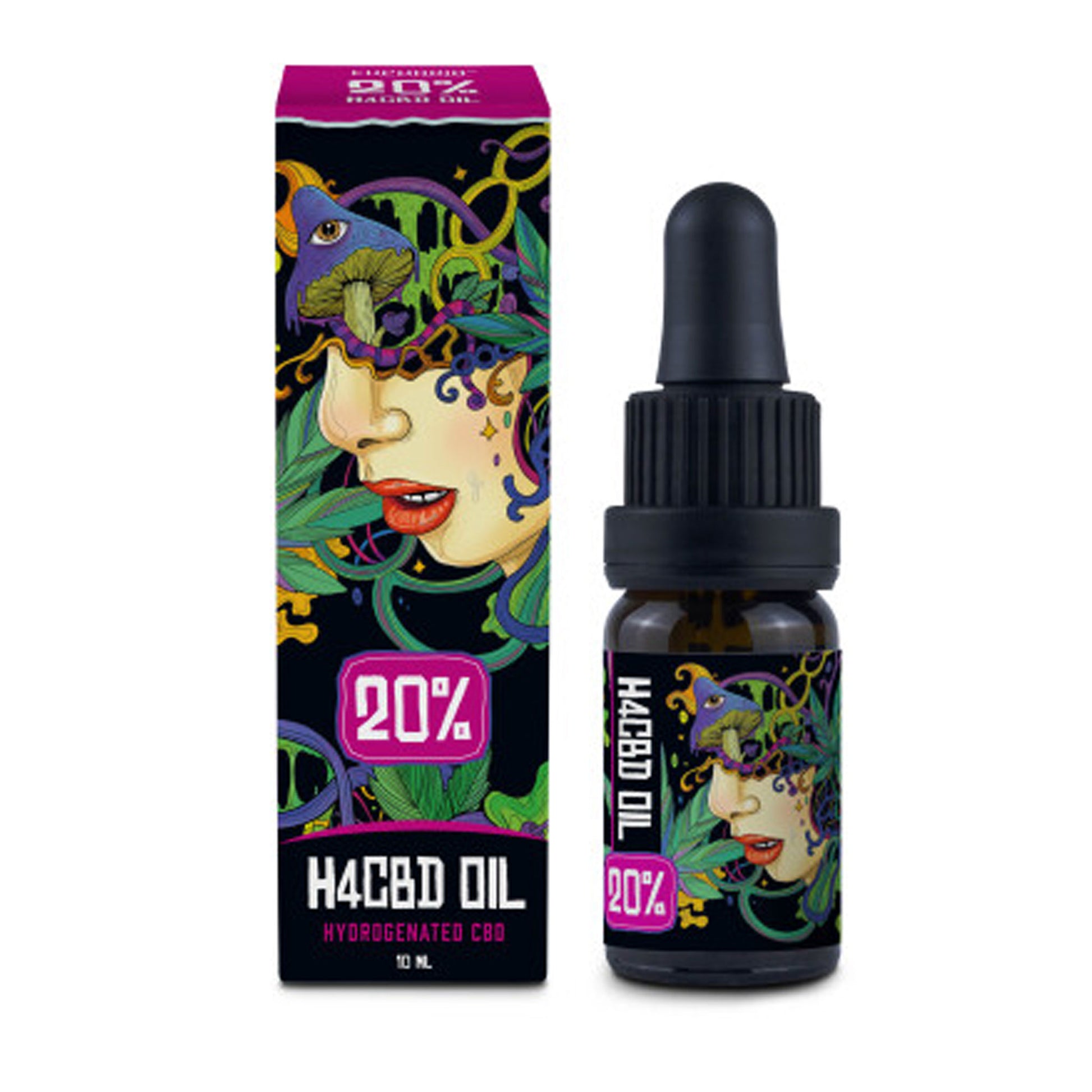 Euphoria H4CBD Oil 10ml – 20% strength cannabinoid oil with psychedelic artwork featuring a woman's face, mushroom, and leaves on the box and bottle