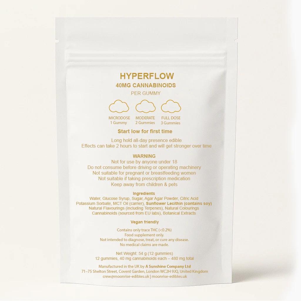 Back label of Moon Rise Descent Blackout showing 10-OH-HHCP, HHCPM and CBNO blend for deep relaxation and body rest.