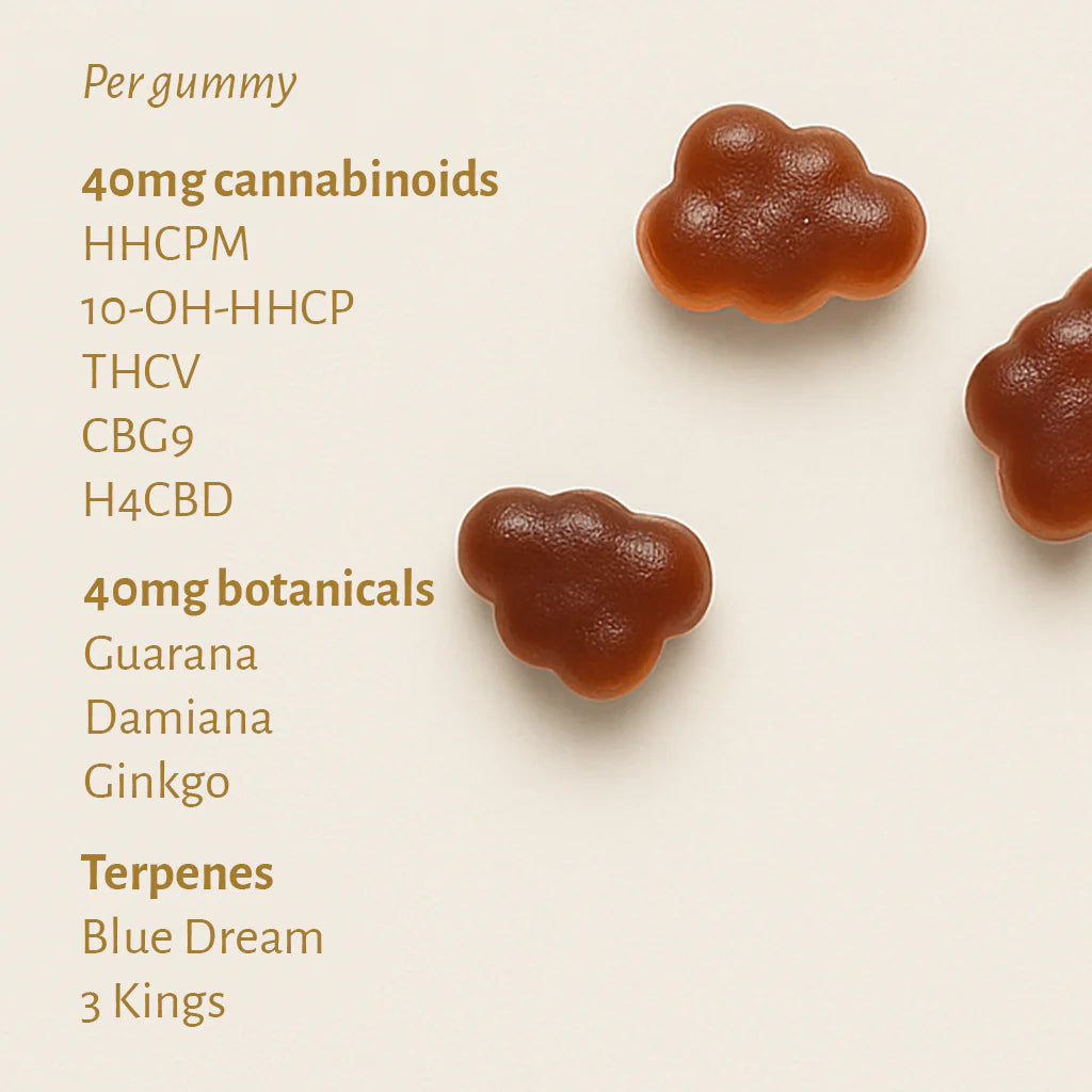 Red cloud-shaped Moon Rise Hyperflow gummies — high-strength cannabinoid edibles for clarity and focus.