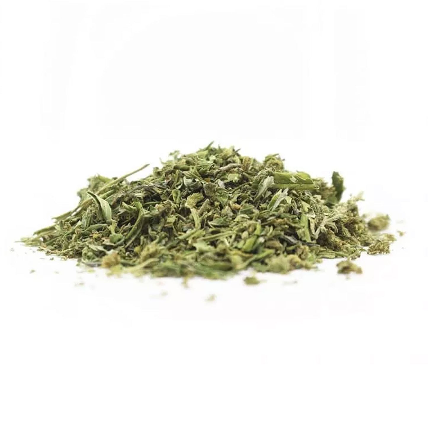 Close-up photo of premium HCT hemp trim — loose, green botanical material on a clean white background, showing natural texture and quality of EU-grown flower.