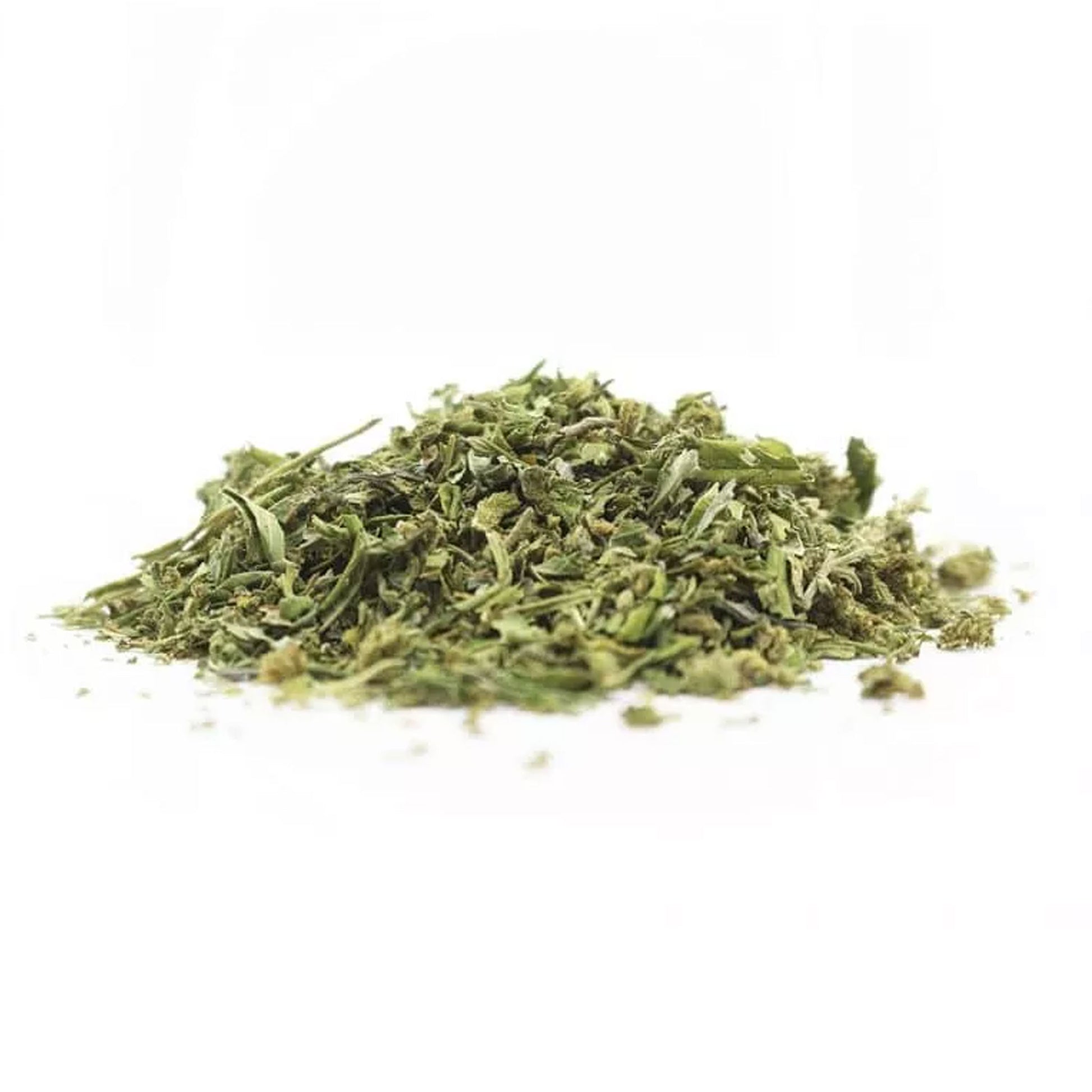 Close-up photo of premium HCT hemp trim — loose, green botanical material on a clean white background, showing natural texture and quality of EU-grown flower.