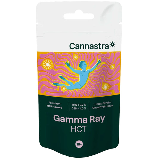 Cannastra HCT Flower – Gamma Ray (Ghost Train Haze) 1g–100g. Premium hemp flower infused with HCT. UK legal, lab-tested | Vibe Supply